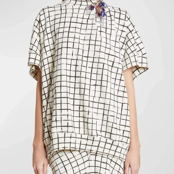 Dries Van Noten Halovara Grid Print Blouse Sweatshirt  with Rhinestone Details - Picture 9 of 15